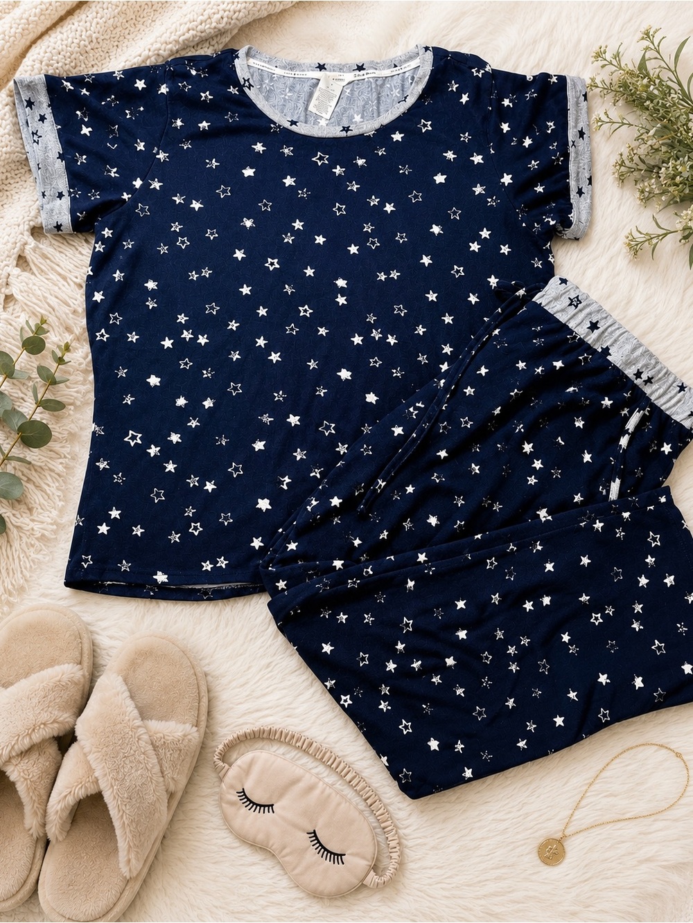 Lucky Brand Women’s Navy Star Print Pajama Set Short Sleeve Top & Shorts